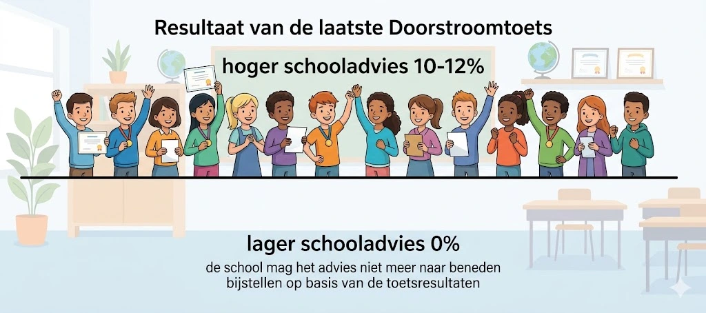 Infographic: Resultaat van de laatste Doorstroomtoets. Boven de lijn: 12 leerlingen met de tekst 'hoger schooladvies 10-12%'. Onder de lijn: 'lager schooladvies 0%' met de toelichting dat adviezen niet naar beneden worden bijgesteld.
